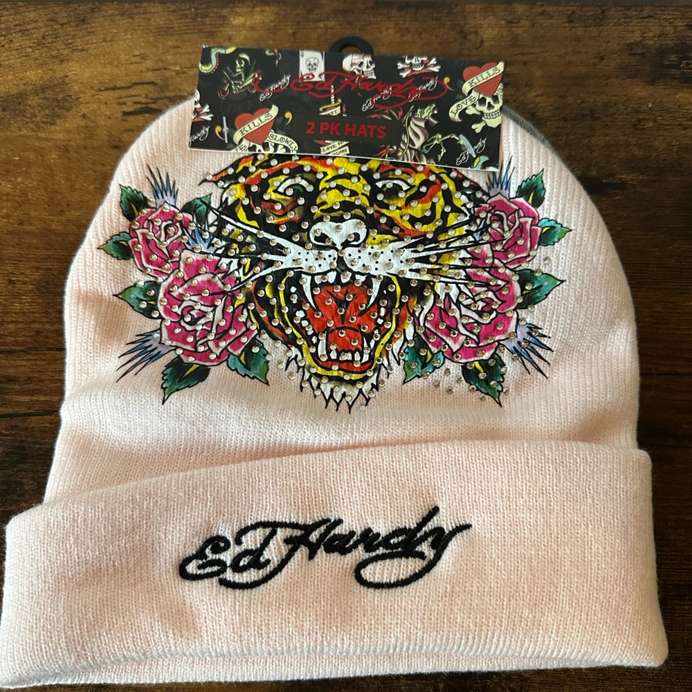 Ed Hardy Pink and Gray Beanie Set with Tiger and Floral Design Rhinestone NWT - Picture 4 of 6